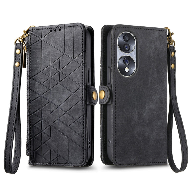 For Honor X7A Geometric Zipper Wallet Side Buckle Leather Phone Case(Black) - Honor Cases by buy2fix | Online Shopping UK | buy2fix