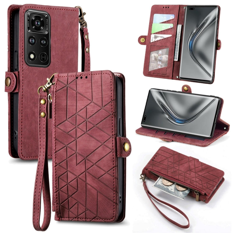 For Honor V40 Geometric Zipper Wallet Side Buckle Leather Phone Case(Red) - Honor Cases by buy2fix | Online Shopping UK | buy2fix