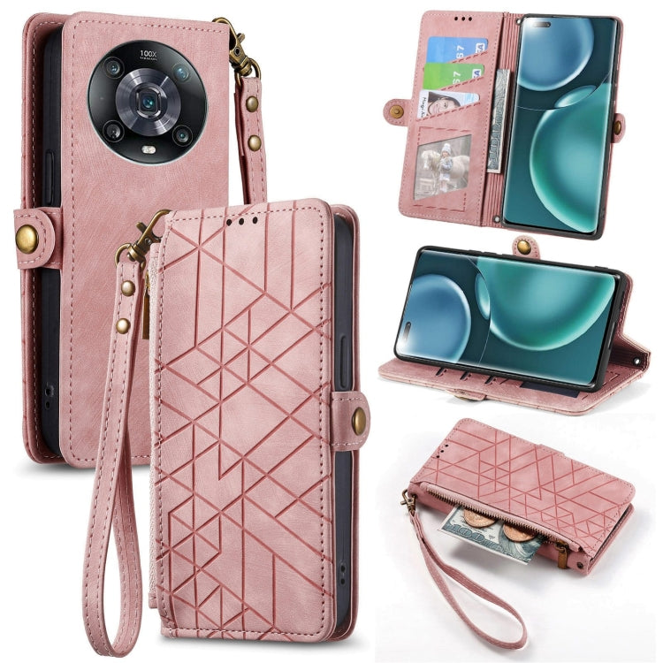 For Honor Magic4 Pro Geometric Zipper Wallet Side Buckle Leather Phone Case(Pink) - Honor Cases by buy2fix | Online Shopping UK | buy2fix