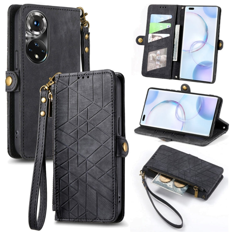 For Honor 50 Pro Geometric Zipper Wallet Side Buckle Leather Phone Case(Black) - Honor Cases by buy2fix | Online Shopping UK | buy2fix