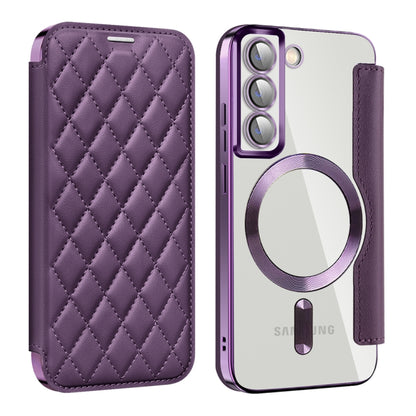 For Samsung Galaxy S22 5G Shield Magsafe RFID Anti-theft Rhombus Leather Phone Case(Purple) - Galaxy S22 5G Cases by buy2fix | Online Shopping UK | buy2fix