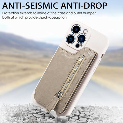 For iPhone 15 Pro Max Zipper Wallet Leather Back Shockproof Phone Case(Khaki) - iPhone 15 Pro Max Cases by buy2fix | Online Shopping UK | buy2fix