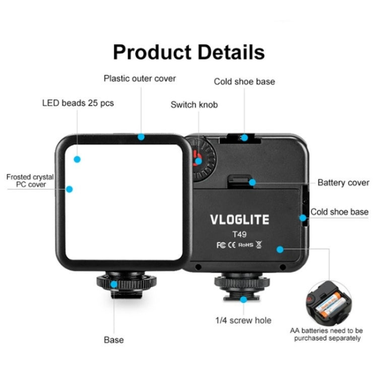 VLOGLITE T49 Portable LED Video Light 5600K Photography Photo Lighting Panel Mini Fill Lamp -  by VLOGLITE | Online Shopping UK | buy2fix