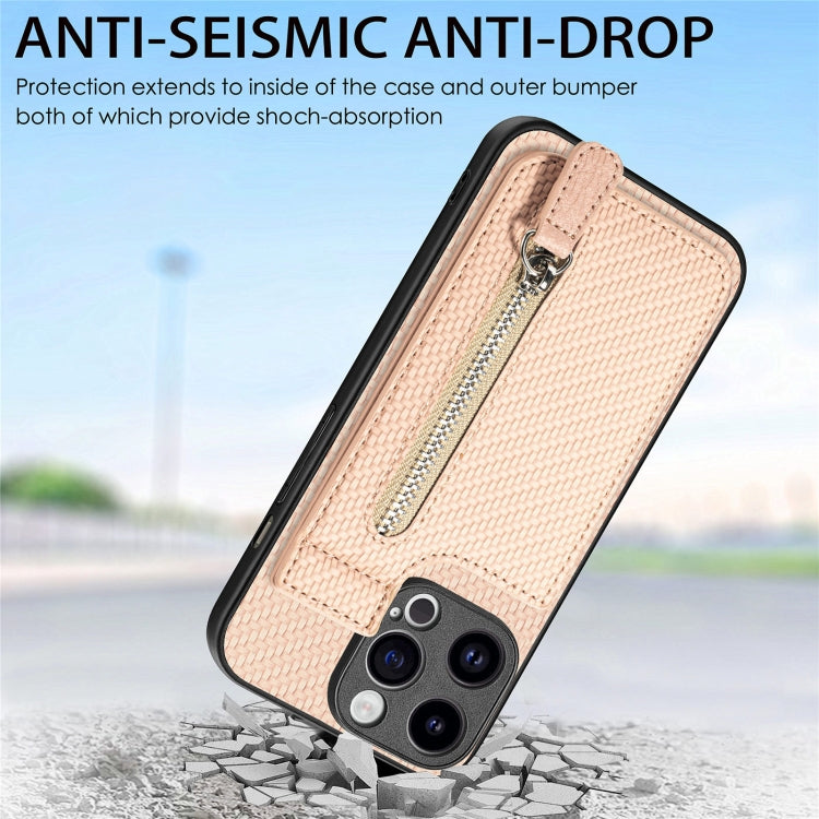 For iPhone 15 Pro Max Carbon Fiber Vertical Flip Zipper Phone Case(Khaki) - iPhone 15 Pro Max Cases by buy2fix | Online Shopping UK | buy2fix