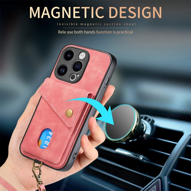 For iPhone 15 Pro Max Retro Card Wallet Fold Leather Phone Case with Strap(Pink) - iPhone 15 Pro Max Cases by buy2fix | Online Shopping UK | buy2fix