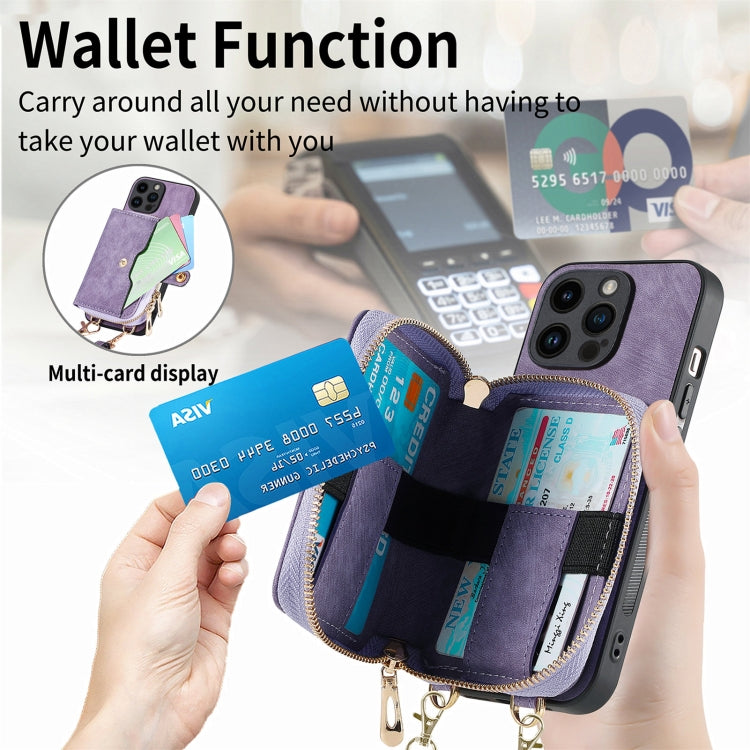 For iPhone 15 Pro Max Crossbody Multi-function Zipper Wallet Phone Case(Purple) - iPhone 15 Pro Max Cases by buy2fix | Online Shopping UK | buy2fix