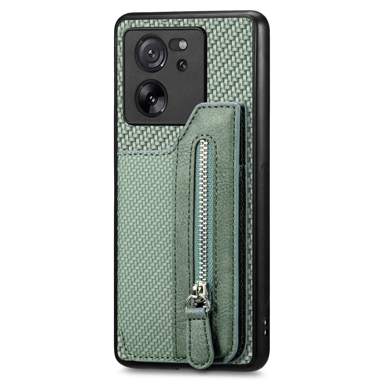 For Xiaomi 13T / 13T Pro Carbon Fiber Flip Zipper Wallet Phone Case(Green) - Xiaomi Cases by buy2fix | Online Shopping UK | buy2fix