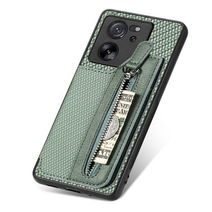 For Xiaomi 13T / 13T Pro Carbon Fiber Flip Zipper Wallet Phone Case(Green) - Xiaomi Cases by buy2fix | Online Shopping UK | buy2fix