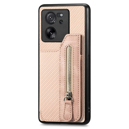 For Xiaomi 13T / 13T Pro Carbon Fiber Flip Zipper Wallet Phone Case(Apricot) - Xiaomi Cases by buy2fix | Online Shopping UK | buy2fix