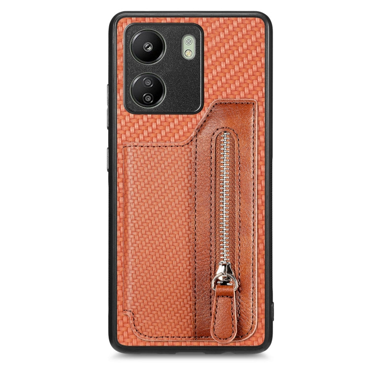 For Xiaomi  Redmi 13C Carbon Fiber Flip Zipper Wallet Phone Case(Brown) - 13C Cases by buy2fix | Online Shopping UK | buy2fix