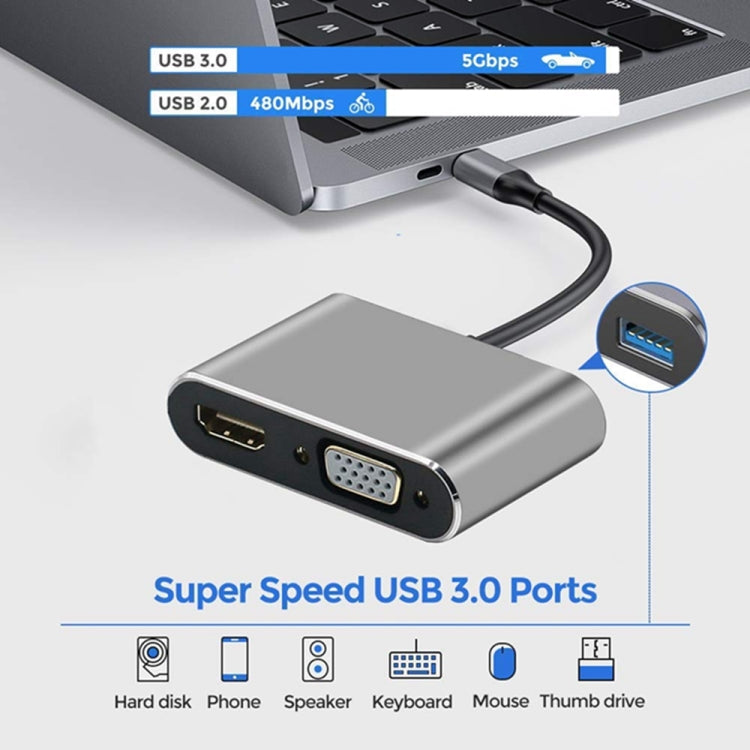 USB C to HDMI VGA 4K Adapter 4-in-1 Type C Adapter Hub to HDMI VGA USB 3.0 Digital AV Multiport Adapter with USB-C PD Charging Port Compatible for Nintendo Switch/Samsung/MacBook(Silvery) - Computer & Networking by buy2fix | Online Shopping UK | buy2fix