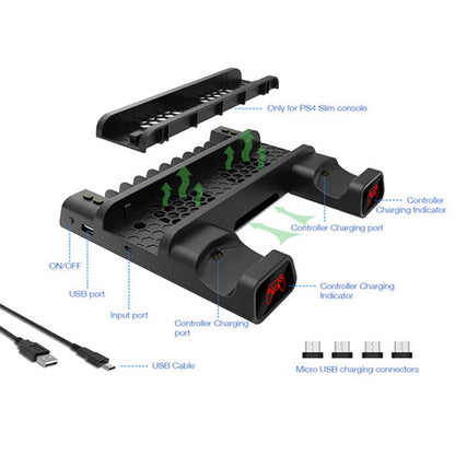 DOBE For PS4 / SLIM / PRO Multi-function Cooling Base Cooling Fan + Disc Rack + Dual Charge with LED Lights - Charger & Power by DOBE | Online Shopping UK | buy2fix