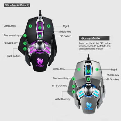 T-WOLF V10 USB Interface 7 Buttons 6400 DPI Gaming Wired Mouse Custom Macro Programming 4-Color Breathing Light Gaming Mouse, Cable Length: 1.5m(Gun Color) - Wired Mice by T-WOLF | Online Shopping UK | buy2fix