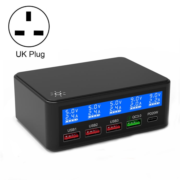 618 QC3.0 + PD20W + 3 x USB Ports Charger with Smart LCD Display, UK Plug  (Black) - Multifunction Charger by buy2fix | Online Shopping UK | buy2fix