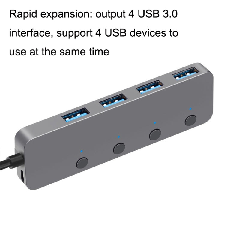 HS0059 Independent Switch USB 3.0 4 Ports Extension Type-C / USB-C Aluminum Alloy HUB, Cable Length: 30cm - USB 3.0 HUB by buy2fix | Online Shopping UK | buy2fix