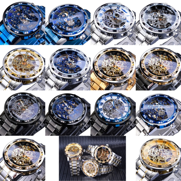 Winner Leisure Skeleton Diamond Luminous Pointer Watch Men Manual Mechanical Watch(Silver Belt Gold Shell Black Face) - Metal Strap Watches by Winner | Online Shopping UK | buy2fix