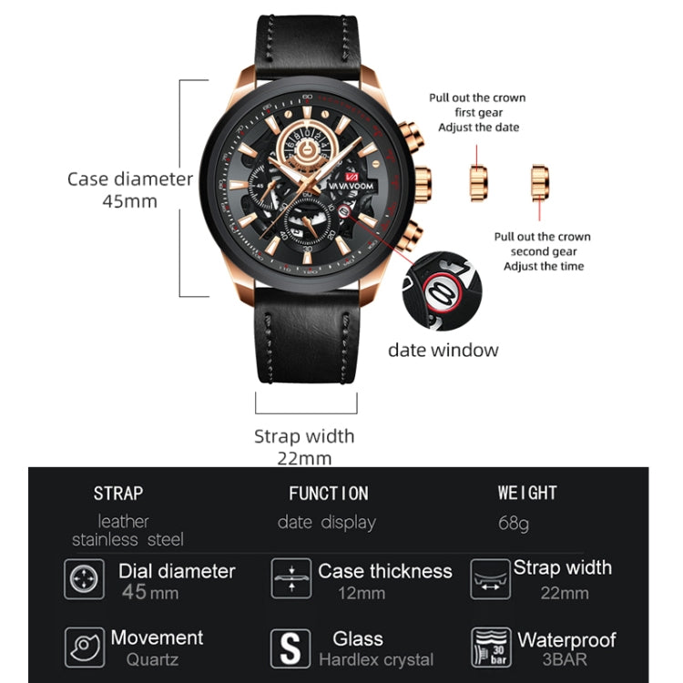 VAVA VOOM 2311G-JH1 Black Gold Shell Steel Belt Men Waterproof Sports Luminous Calendar Casual Quartz Hollow Watch - Sport Watches by VAVA VOOM | Online Shopping UK | buy2fix