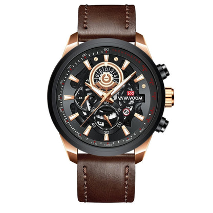 VAVA VOOM 2311P-FK Rose Gold Shell Brown Belt Men Waterproof Sports Luminous Calendar Casual Quartz Hollow Watch - Sport Watches by VAVA VOOM | Online Shopping UK | buy2fix