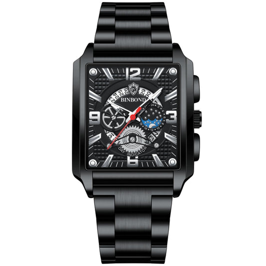 BINBOND B6575 Men Vintage Square Multifunctional Luminous Quartz Watch, Color: Black-Black-Black-White - Metal Strap Watches by BINBOND | Online Shopping UK | buy2fix