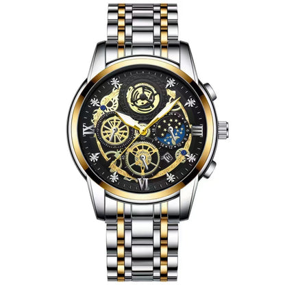 BINBOND 4010 Multifunctional Waterproof Hollowed Luminous Quartz Watch(Inter-gold Black Surface) - Metal Strap Watches by BINBOND | Online Shopping UK | buy2fix