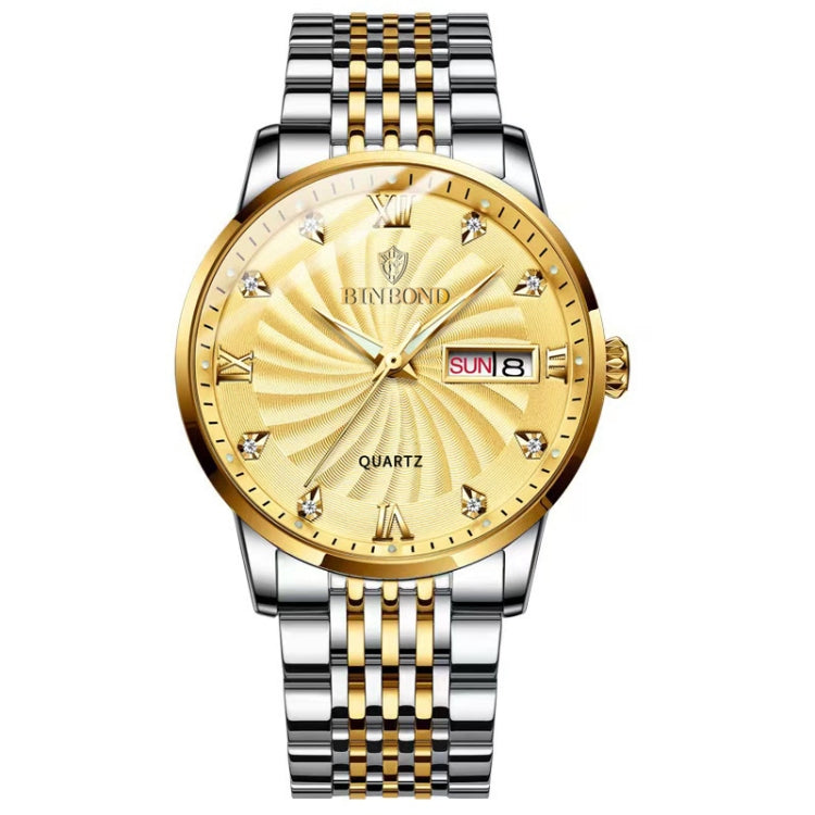 BINBOND B3034 Diamond 30m Waterproof Business Watch Men's Butterfly Buckle Luminous Quartz Watch(Inter-gold-Gold) - Metal Strap Watches by BINBOND | Online Shopping UK | buy2fix