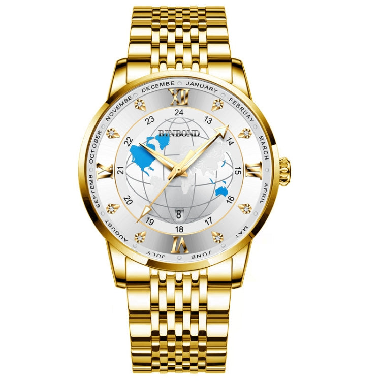 BINBOND B1117 30M Waterproof Earth Dial Butterfly Buckle Luminous Quartz Watch(Full-gold-White-Gold) - Metal Strap Watches by BINBOND | Online Shopping UK | buy2fix