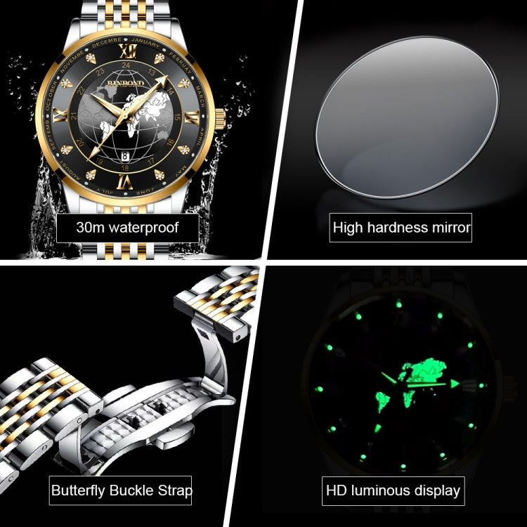 BINBOND B1117 30M Waterproof Earth Dial Butterfly Buckle Luminous Quartz Watch(Full-gold-White-Gold) - Metal Strap Watches by BINBOND | Online Shopping UK | buy2fix