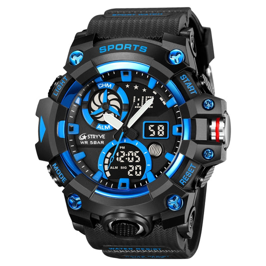 STRYVE S8027 Sports Multifunctional Luminous Dual Display Chronograph Student Watch(Black Blue) - Leather Strap Watches by STRYVE | Online Shopping UK | buy2fix