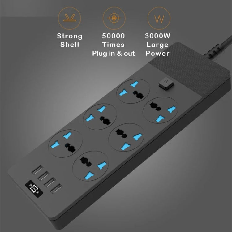 TB-T12 3000W 2m 4-USB Ports + 6-Jacks Multifunctional Flame-Retardant Socket With Switch(EU Plug) - Extension Socket by buy2fix | Online Shopping UK | buy2fix